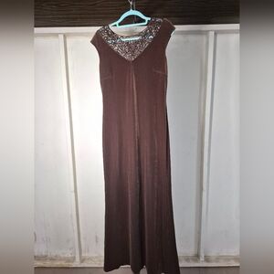 Vintage Y2k Brown Velvet Maxi Dress with Beaded Neckline